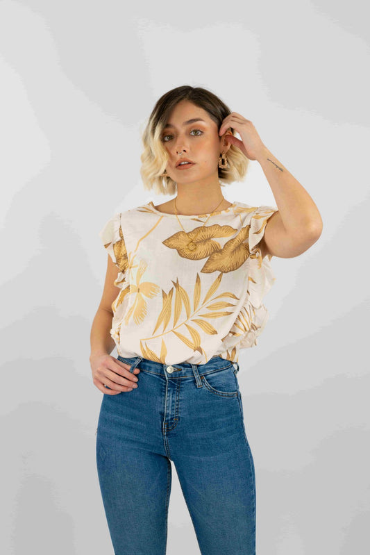 Blusa Similar Lino Estampado Con Vuelo En Manga