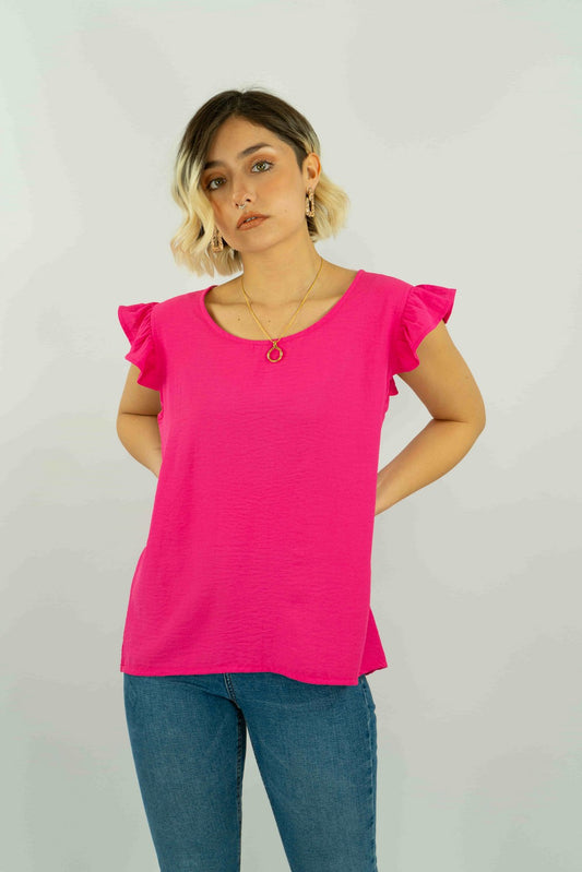 Blusa Tela Plana Con Manga Recogida Y Aplicación Botones En Espalda