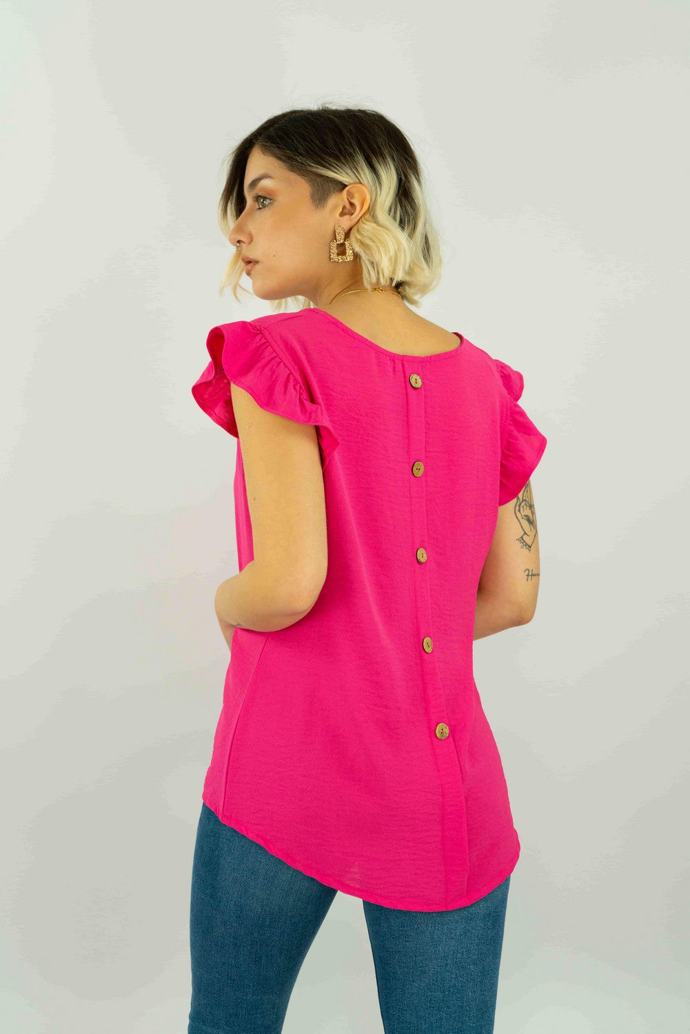 Blusa Tela Plana Con Manga Recogida Y Aplicación Botones En Espalda