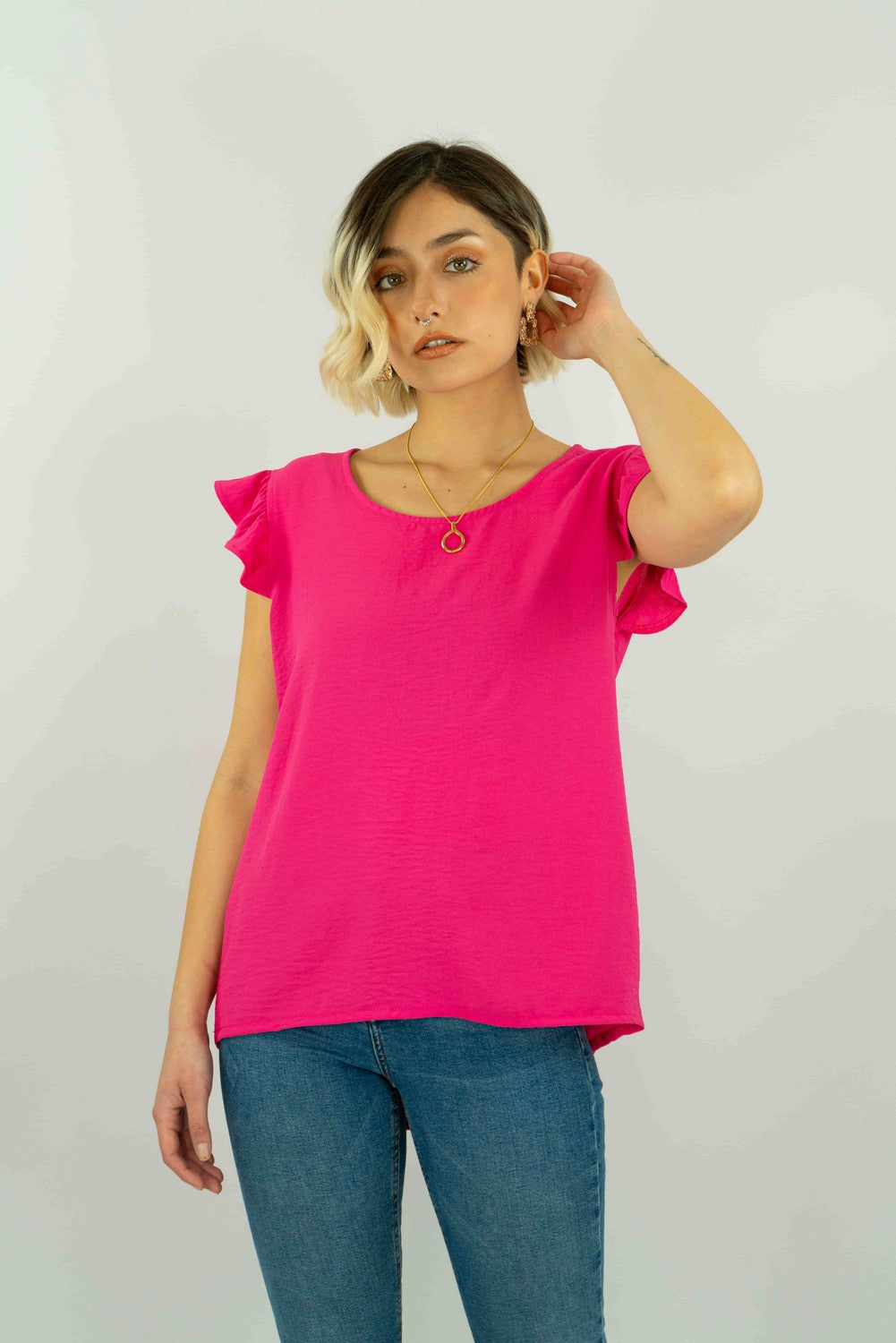 Blusa Tela Plana Con Manga Recogida Y Aplicación Botones En Espalda