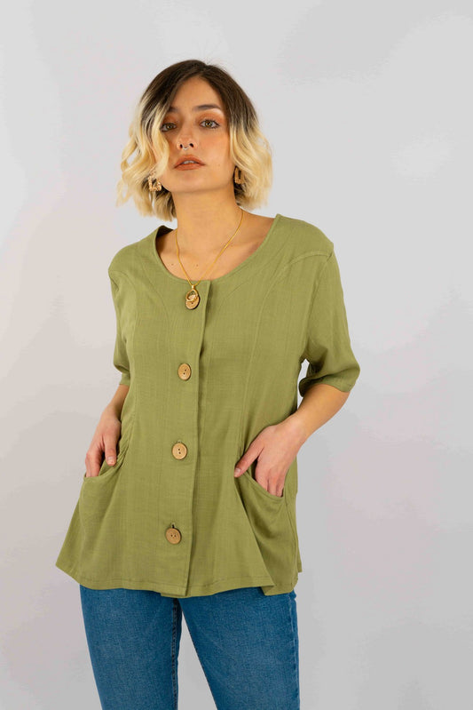 Blusa Similar Lino Con Bolsillo Y Botones